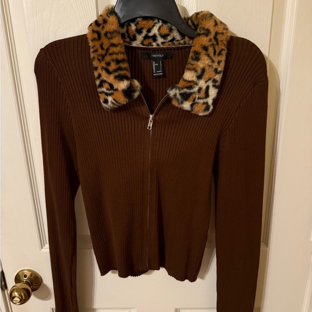 Forever 21 Brown Ribbed zip up with Animal Print Collar